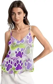 [ODAWA] White Purple Paw Prints Adjustable Spaghetti Tops Loose Fit V Neck Sleeveless Chiffon Tops Women Summer Blouse