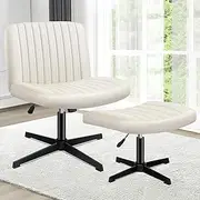 ALFORDSON Criss-Cross Desk Chair with Cross Leg Ottoman Stool, Xavi Series, Velvet Upholstery, Ergonomic Armless Office Chair with Channel-Tufted Mid-Back Design, 180kg Capacity, Beige