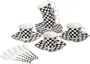 Porlien Checker Coffee Cups and Saucers, Espresso Cups Set of 6
