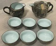 Boxed Chinese 9 Piece Tea Set - Teapot - Cream Pot - 6 Cups - Gold Plated