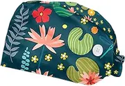 [WOSHJIUK] Working Hat 2 Pack Scrub Caps for Women,Plant Lotus and Lotus Leaves,Tie Back Cap Adjustable Scrub Hat