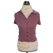 Pink Rose Womens Ribbed Short Sleeve Cropped Top Blouse Collar Button Size Small