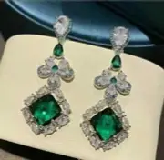 Art Deco Style Lab Created Diamond Bridal Emerald Earrings 14K White Gold Plated