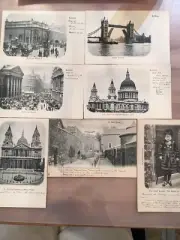 7 EXC VTG LONDON POSTCARDS BEEFEATER TOWER BRIDGE BANK OF ENGLAND SCRAP BOOKING