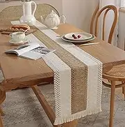 Macrame Table Runners Farmhouse Style Lace Boho Table Runner and Rustic Nature Burlap Table Runner with Tassels, Every Day Use,Heavier Quality,12x108 Inches (White&Coffee)