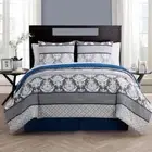 Twin Full Queen King Bed Gray Grey Blue Striped Damask 8 pc Comforter Sheet Set