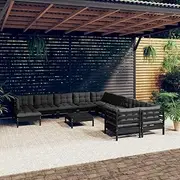 12 Piece Garden Lounge Set with Cushions Black Pinewood,Outdoor Furniture Sets 121.64KG-3097065