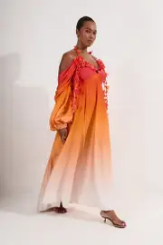 Plus Size Ombre Applique Printed Cold Shoulder Woven Maxi Dress