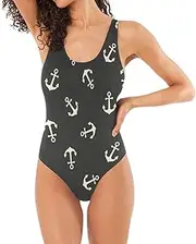 [Joitme] White Anchors Black Swimsuit One Piece for Women, Small, 1 Piece Swimsuits for Women