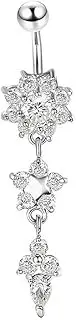 [AIMALL] Elegant Flower Crystal Dangle Belly Button Ring, Surgical Steel Navel Bar, Hypoallergenic Body Piercing Jewelry, Charming and Eye-Catching Design for Women