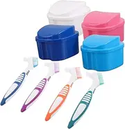 SECFOU 8pcs Apple Shaped Denture Bath Case with Soft Bristle Toothbrush Portable Retainer Storage Box for Travel Cleaning and Soaking Teeth Denture Care Set