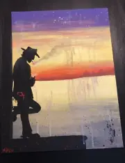 Original Canvas Painting Sunset Smoking Cowboy Western Theme Signed Mikey 11X14