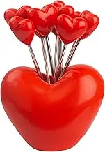 Fruit Picks - Stainless Steel Reusable Cocktail Picks | Tainless Steel Cute Forks With Holder | Reusable Metal Sticks | Set of 10, Heart Shape Design for Fruit, Dessert, Portable Cleanable For