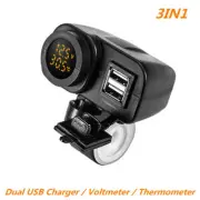 12V Dual USB Charger LED Digital Voltmeter & Thermometer For Motorcycle Scooter