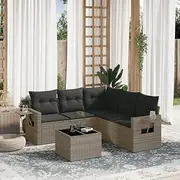 6 Piece Grey Poly Rattan Garden Sofa Set with Cushions, Foldable Side Table, UV-Resistant Outdoor Patio Furniture, Modular Design, PE Rattan and Powder-Coated Steel Construction
