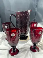 NWT Princess House Fantasia Tempered Ruby Glass Pitcher Goblets. Made in France.