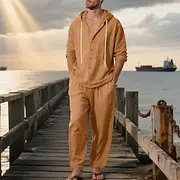 Men's T-shirt Suits Shirt and Pant Sets 2 Pieces Outfits Long Sleeve Hooded Summer Spring Solid Color Fashion Casual Buttons 2 Piece Vacation Daily Wear Going