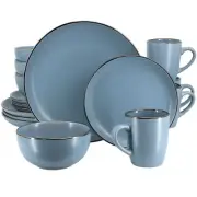 Gibson Home Rockaway 16 Piece Stoneware Metallic Rim Dinnerware Set in Matte Blu