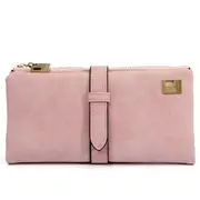 Women Drawstring Nubuck Long Zipper Wallet Casual Purse Card Holder Coin Bags PINK COLOR