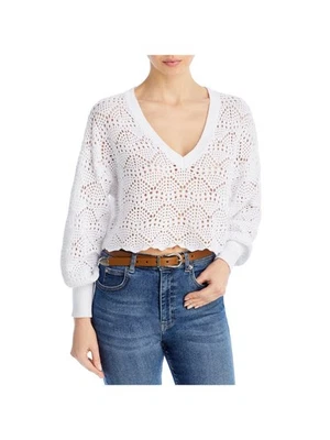 AQUA Womens White Semi-sheer Trim Balloon Sleeve V Neck Crop Top Sweater XL