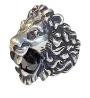 GUCCI 402763 Lion Head Ring with Black Gemstone, Silver-toned metal, sz 16