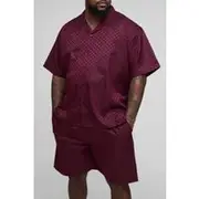 Mens Red Plus Oversized Revere Satin Checkerboard Shirt & Relaxed Short Set