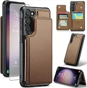 [Asuwish] Phone Case for Samsung Galaxy S23 5G Wallet Cover with Tempered Glass Screen Protector and RFID Blocking Card Holder Stand Cell Accessories S 23 23S GS23 G5 SM-S911U 6.1 inch Women Men Brown