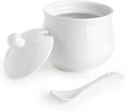 Ceramic Sugar Bowl with Lid and Spoon, Porcelain Salt Storage Jar, White Seasoni