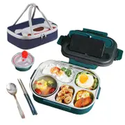 Nevenka 2200ml Insulated Bento Lunch Box 5 Sections with Thermo Bag Tableware for Kids Adults-Green