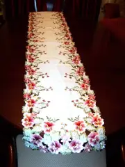 Embroidered Table Runner Pink & White Flowers w/ Green Leaves W/Cutwork 68"x16"