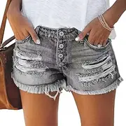 [Generic] Womens Shorts Casual Ripped Distressed Jean Short Summer Low Rise Stretchy Raw Hem Denim Short