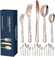 20pcs Stainless Steel Flatware Set, Unique Flower Pattern Silverware Set Service for 4 People, Rose Gold Cutlery Set with Knives/Forks/Spoons, Mirror Polished Utensil Set for Kitchen, Dishwasher Safe