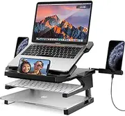 AboveTEK Laptop Stand, 20 Angles Two-Layer Height Adjustable Laptop Stands, Portable Laptop Riser with 360 Rotating Base Storage Space & Extra Phone Holders Compatible with 10''-17'' Laptops Black