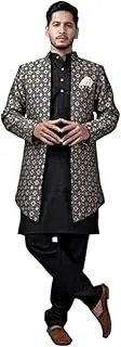 [Amzira] Men's Stylish Ethnic Wear Black Kurta Pajama Set with Long Jacket, Stand Collar Full Sleeve Design, Perfect for Special Occasions, Premium Quality, Comfortable Fit, Trendy and Elegant