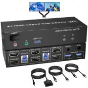 USB 3.0 Dual Monitor KVM Switch HDMI 2 Port, 4K@60Hz Extended Display KVM Switch