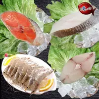 在飛比找鮮拾優惠-【賣魚的家】鮮凍四品鮮魚超值組 (鮭魚+比目魚+土魠魚+白蝦