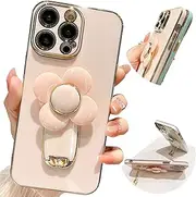 Pretaco for iPhone 13 Mini Case with Stand, [Hidden Pull Phone Kickstand][Cute 360° Rotatable Relif Flower][Luxury Gilt Edge Line] Soft Slim Phone Case for Girls Women-Pink