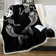 Cool Day of the Dead Mermaid Cat Skeletons Throw Blanket