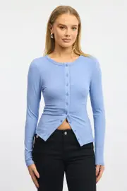 Blue Button Front Top Long Sleeve - Size 14L, Women's Top