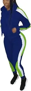 [Bluewolfsea] Womens Color Block Two Piece Sweatsuits with Pockets Long Sleeve Hooded Zip Up Jacket and Pants Set Small Blue