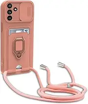 [Dllatui] Mobile Phone Case Compatible with Samsung Galaxy A25, Necklace Lanyard, Silicone Case with Camera Protection Slider, Rotating Stand with Card Slot, Necklace Case (Pink)