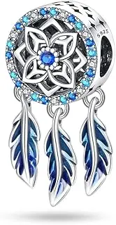 [Mon & Sons] Flower Blue Crystal Dreamcatcher Feather Enamel Charm Bead Pendant 925 Sterling Silver Dangle Compatible With Pandora Charm Bracelet, Metal