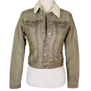 True Religion Denim Jacket Emily Sherpa Lined XS Green Gray New