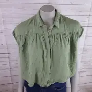 Topshop Sz 10 Green Blouse Hidden Button Front With Collar And Open Knotted Back