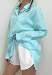 NWT NEW Women's Aqua Blue Long-Sleeved Linen Blouse Shirt Top, Small