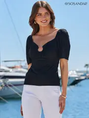 Sosandar Black Textured Ring Detail Jersey Top (E68853) | $104