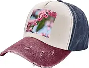 [YANYU] Pink Cherry Blossoms 1 Print Fashion Washed Distressed Baseball Cap Vintage Adjustable Hat with Classic Brim, Navy Blue and Red, One Size, navy blue and red, One Size