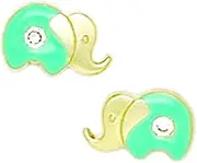 [JewelryWeb] 14k Yellow Gold Enamel Screw Back Green Elephant Earrings 7x10mm Stud Earring for Women