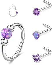 [BelleVive] 4-Piece Stainless Steel Nose Ring Set for Women and Men, Hypoallergenic 20G L-Shaped Nose Studs, 18G Purple Opal, Small Silver Hinged Rings, Purple