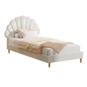 Oikiture Bed Frame Single Size Scallop-Shape Bedhead White Boucle